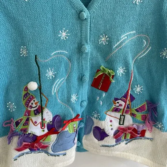 winter snowman embroidered blue vintage sweater vest by tiara international M - Picture 3 of 4